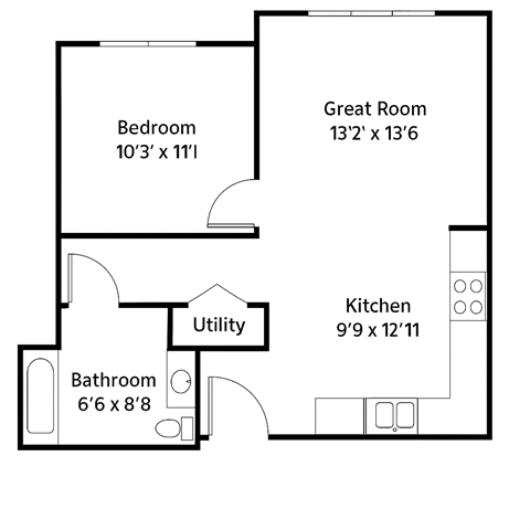 Floor plan for 1 bed, 1 bath, 700 sqft